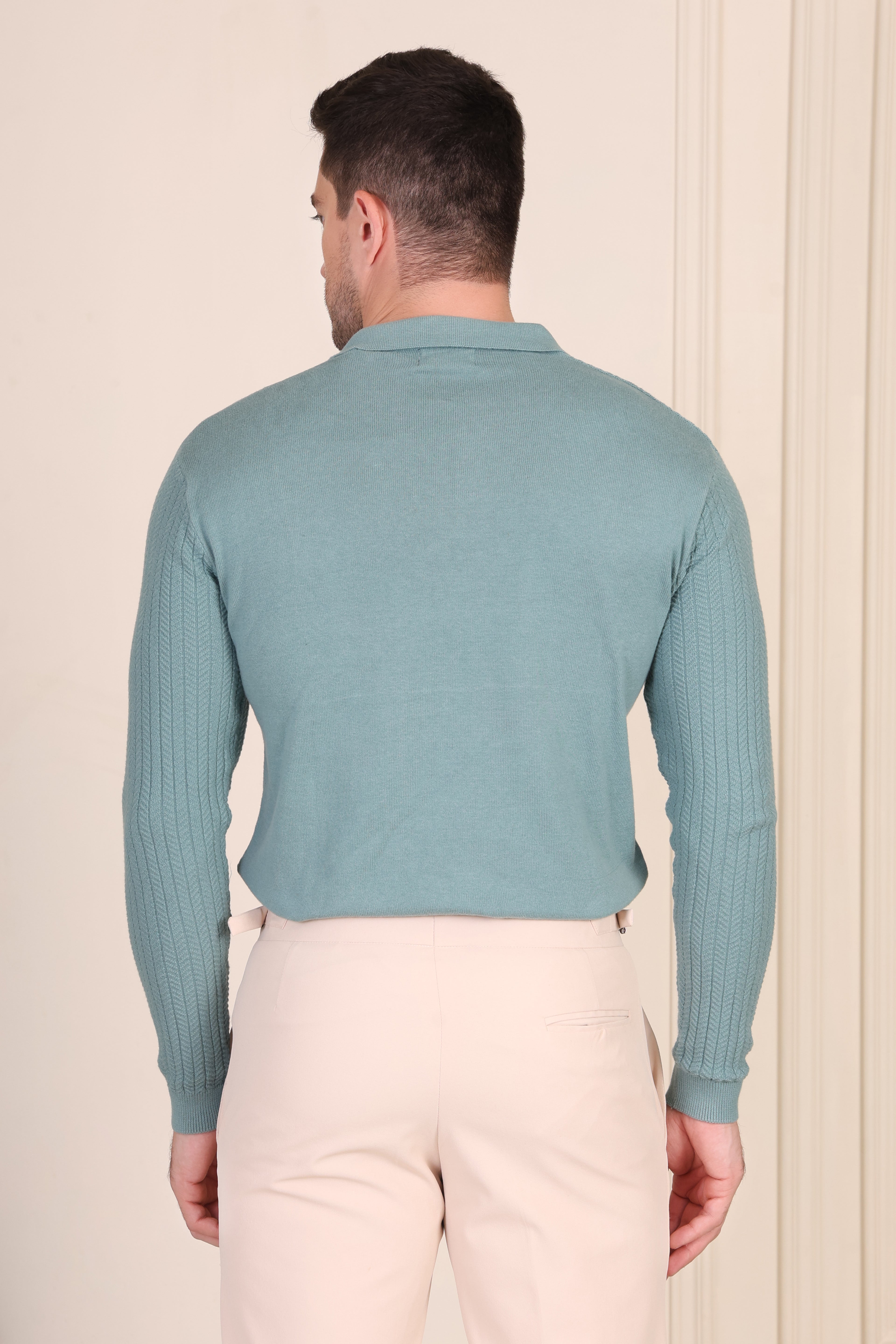 Herringbone Sage Green Full Sleeves Knit Polo by ITALIANVEGA