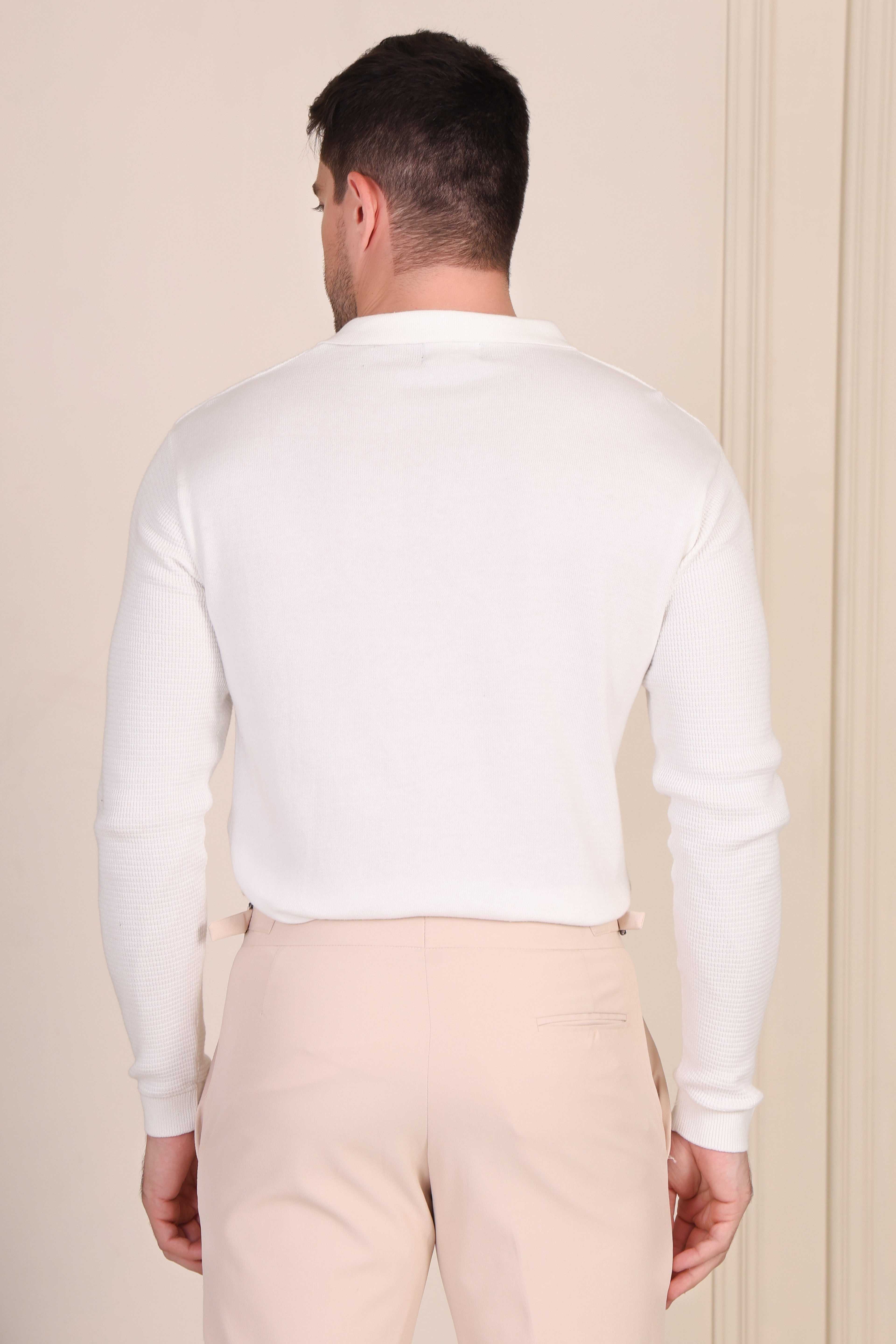 White Flat Knit Polo Full Sleeves by ITALIANVEGA®