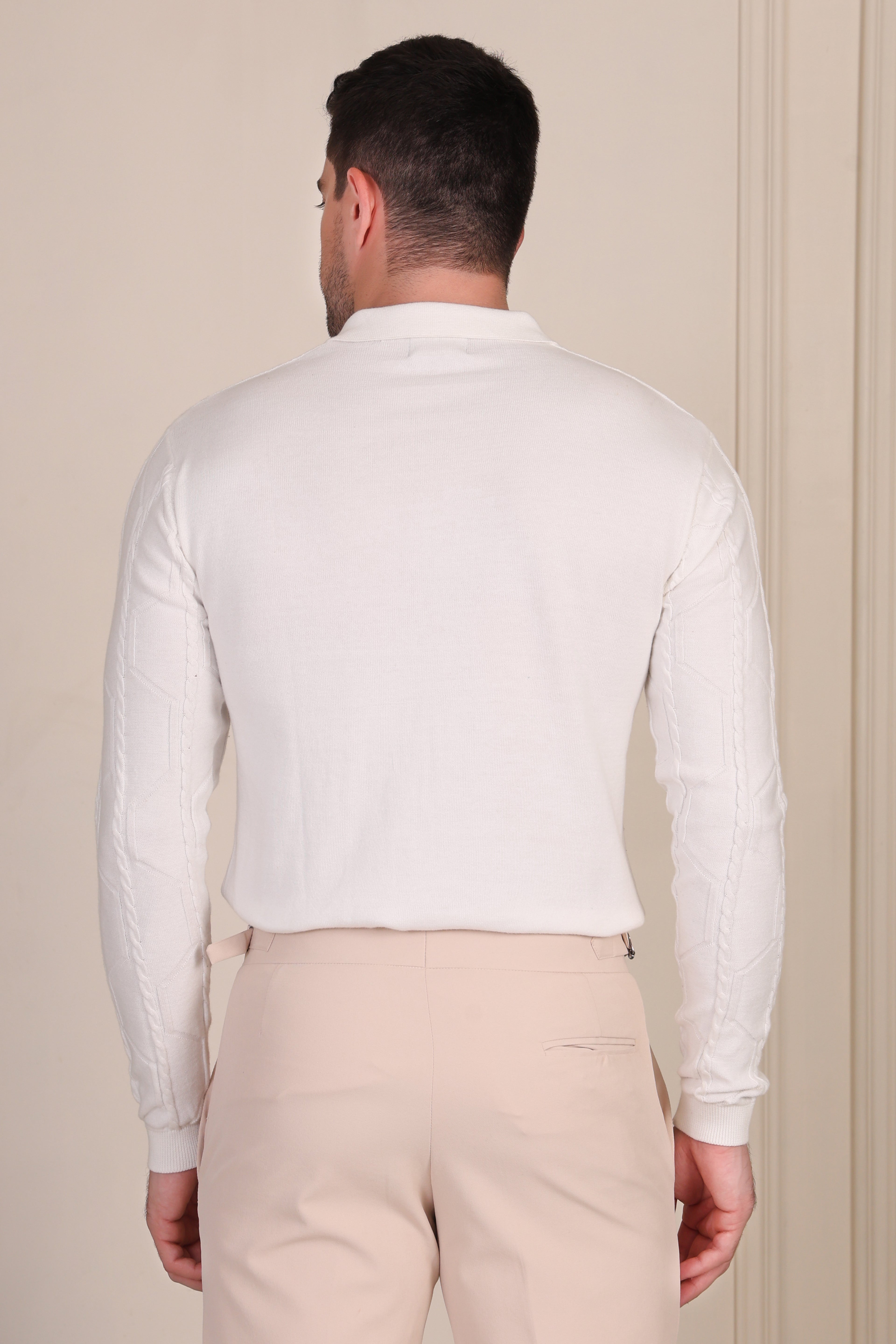 White Cable Knit Full Sleeves Polo by ITALIAN VEGA®