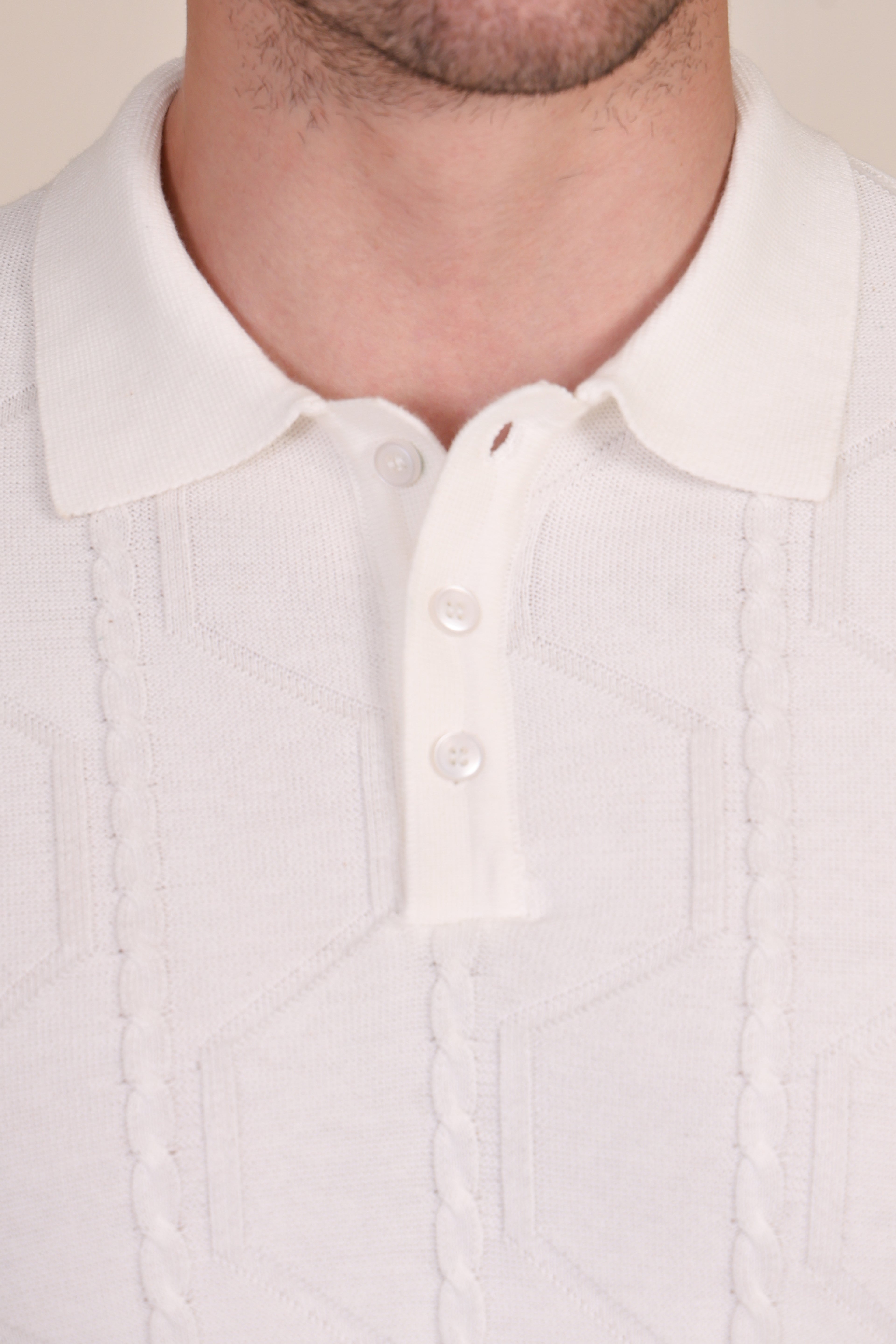 White Cable Knit Full Sleeves Polo by ITALIAN VEGA®
