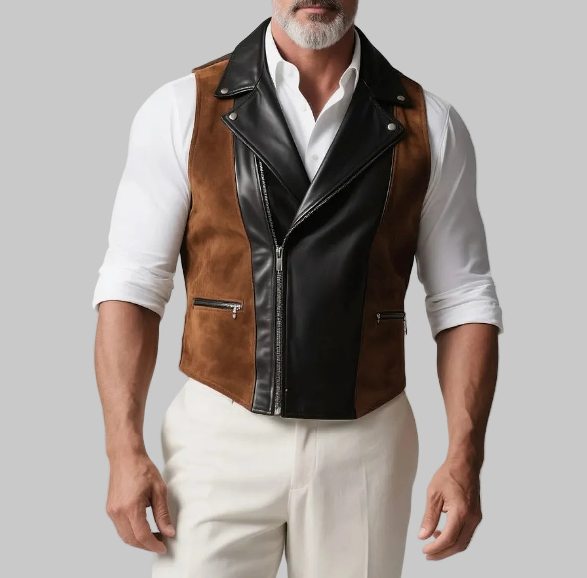 Man wearing a brown and black leather vest over a white shirt on a gray background