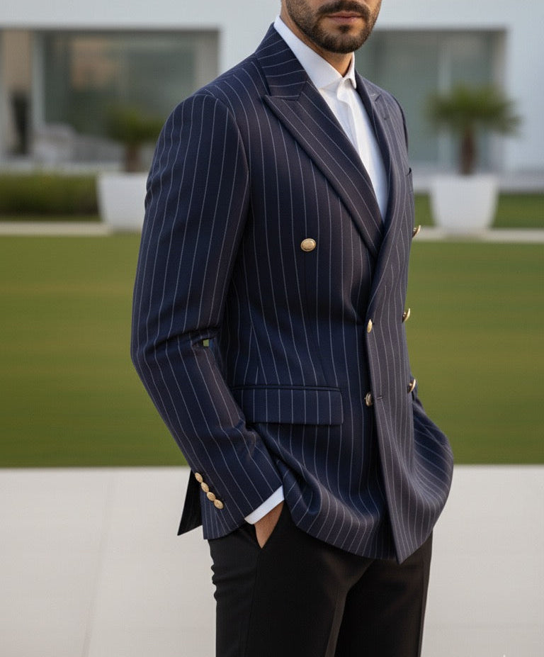 Navy Striped Double Breasted Blazer by Italian Vega (Special Edition)