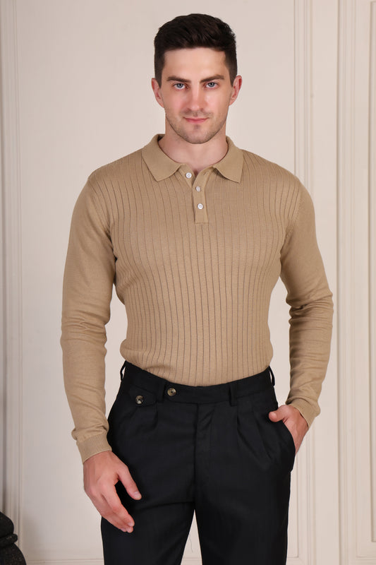 Beige Wide Stripes Full Sleeves Knit Polo by ITALIAN VEGA