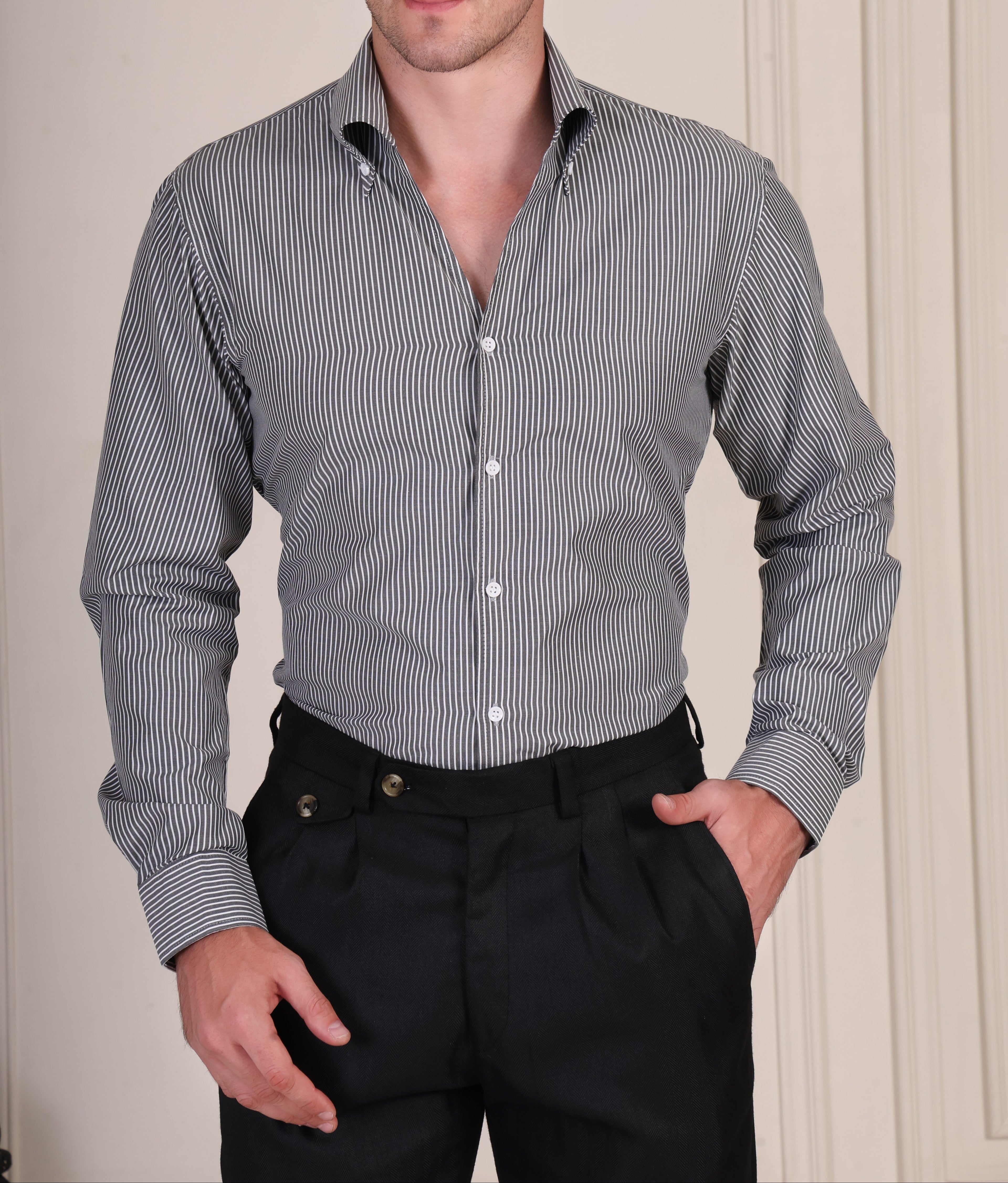 Black and white pinstripe cotton viscose shirt with one piece collar for men by Italian Vega®, styled with black trousers.