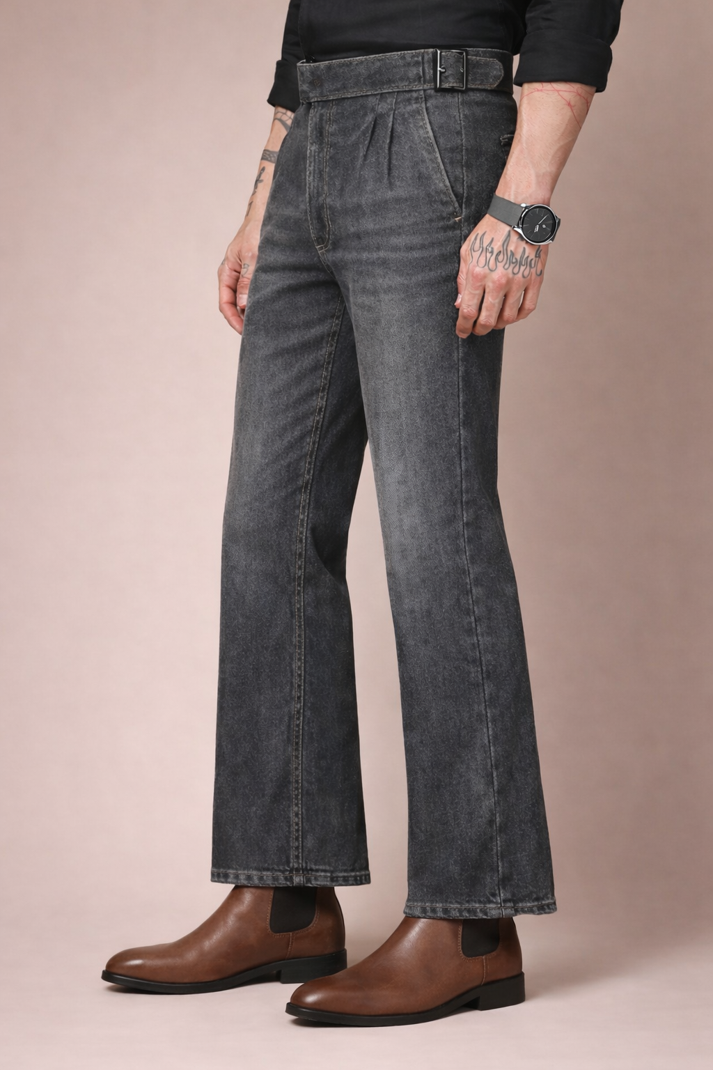 Anthracite Denim Classic Buckle Gurkha Trouser Pants | Boot Cut Fit by Italian Vega®