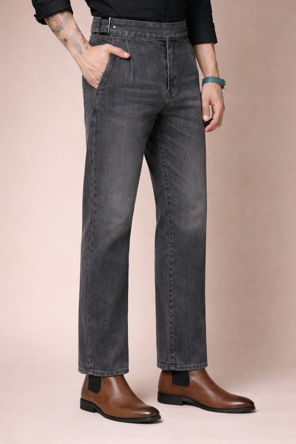 Anthracite Denim Classic Buckle Gurkha Trouser Pants | Boot Cut Fit by Italian Vega®