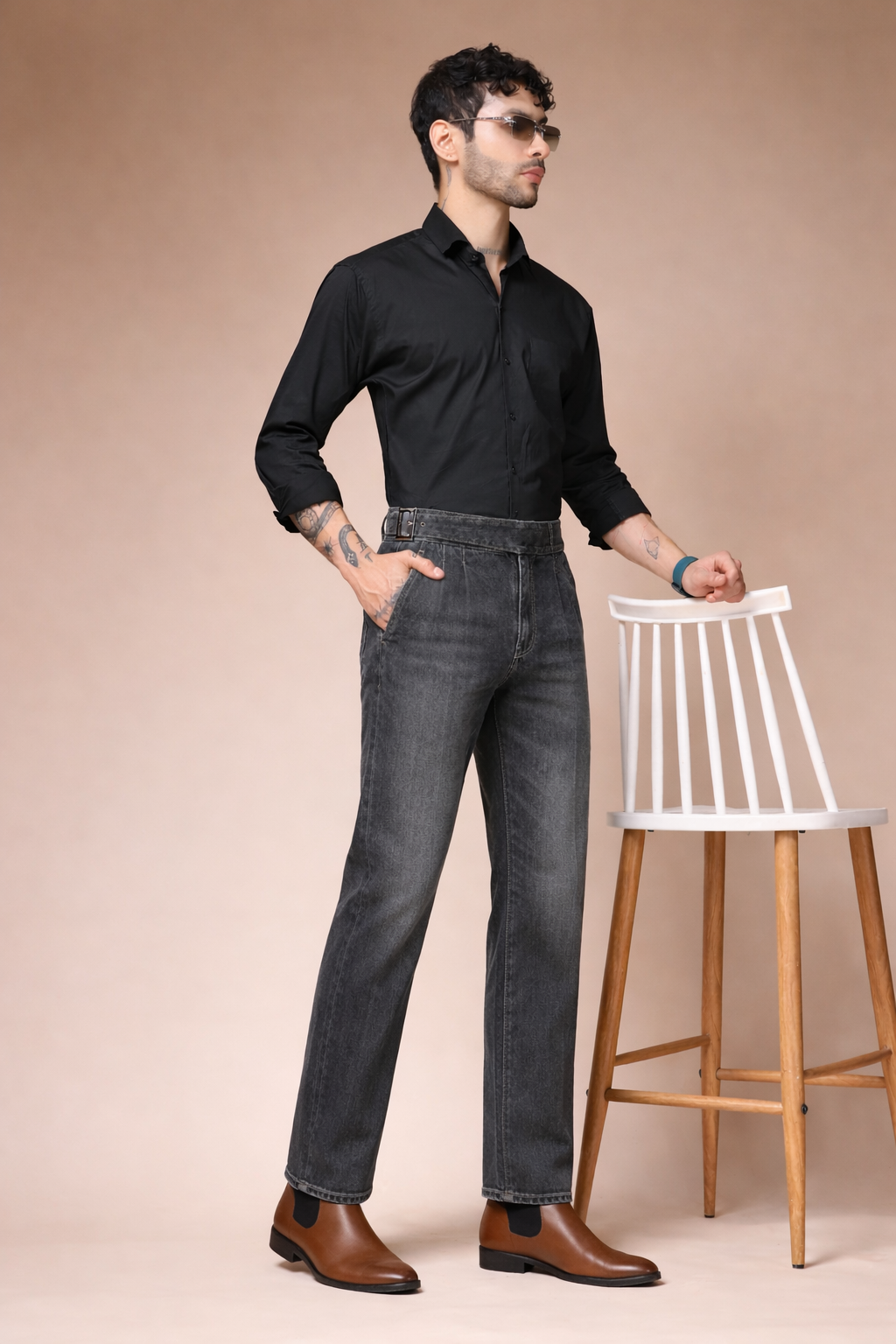 Anthracite Denim Classic Buckle Gurkha Trouser Pants | Boot Cut Fit by Italian Vega®