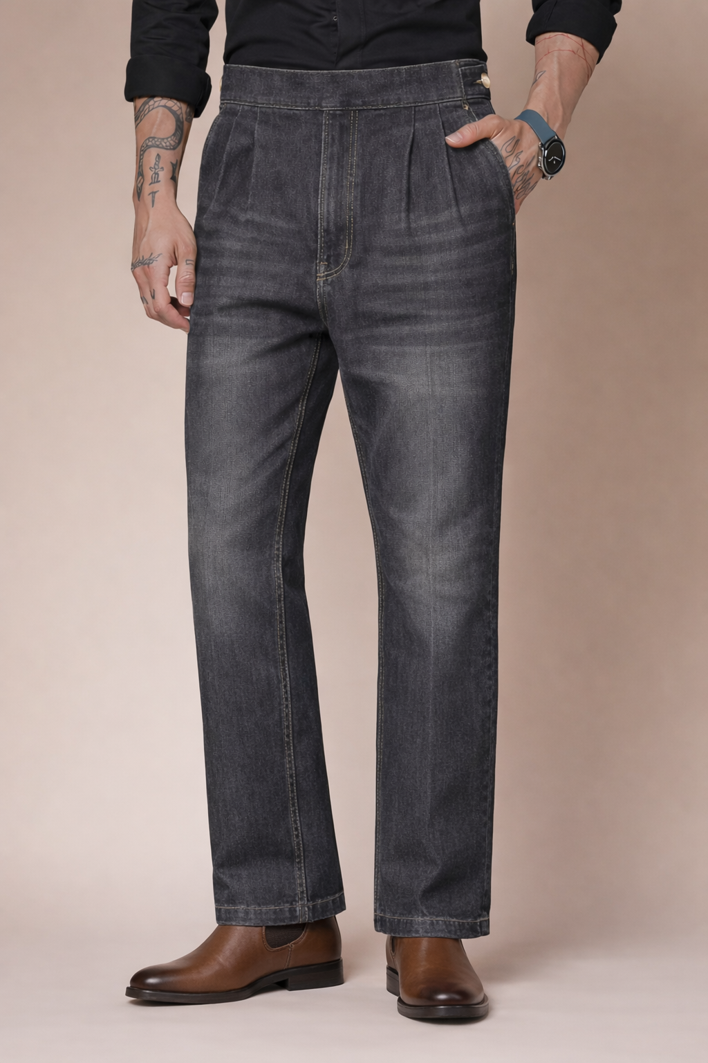 Anthracite Denim Classic Button Gurkha Trouser Pants | Boot Cut Fit by Italian Vega®