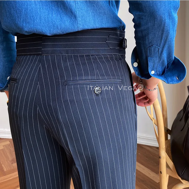 Old Money Crepe Stripe Shirt with Navy Stripe Signature Buttoned Gurkha Pant by ITALIAN VEGA®