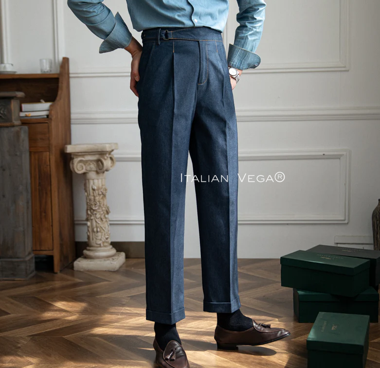 Old Money Navy Classic Stripe Shirt with Blue Veteran Denim Gurkha Pant by ITALIAN VEGA®