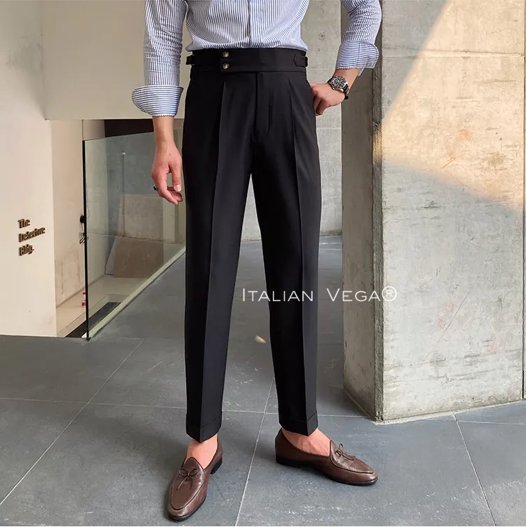 Old Money Grey Stripe Shirt with Black Signature Buttoned Gurkha Pant by ITALIAN VEGA®