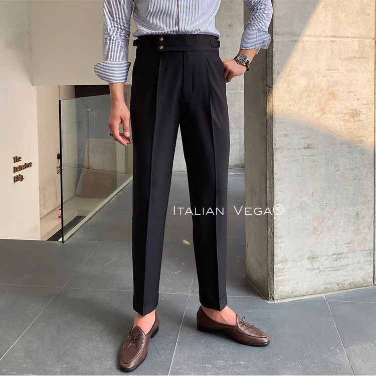 Old Money Black Shirt with Black Signature Buttoned Gurkha Pant by ITALIAN VEGA®