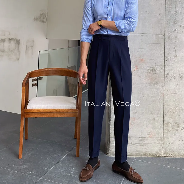 Navy Blue Italian Elegant Gurkha Trousers by Italian Vega®