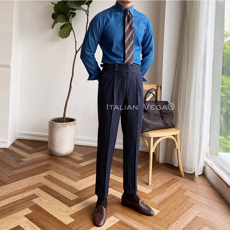 Old Money Grey Stripe Shirt with Navy Stripe Signature Buttoned Gurkha Pant by ITALIAN VEGA®