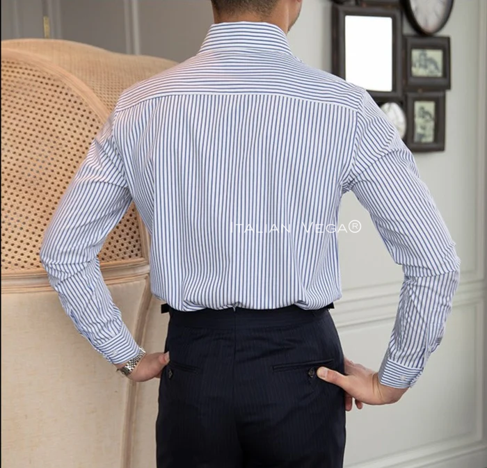 Old Money Navy Stripe Shirt with Black Herringbone Signature Buttoned Gurkha Pant by ITALIAN VEGA®