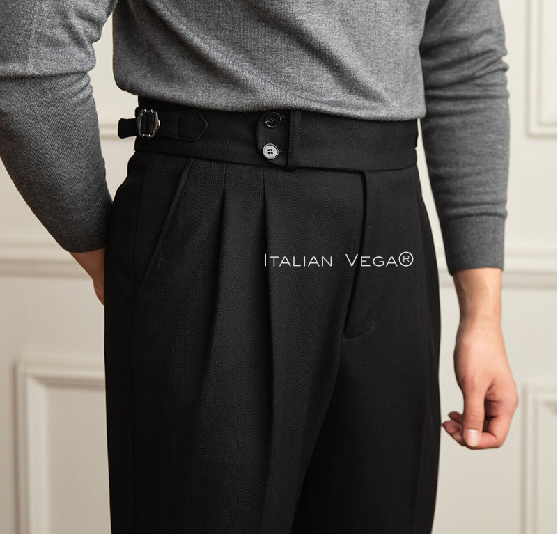Old Money Black Shirt with Black Herringbone Signature Buttoned Gurkha Pant by ITALIAN VEGA®