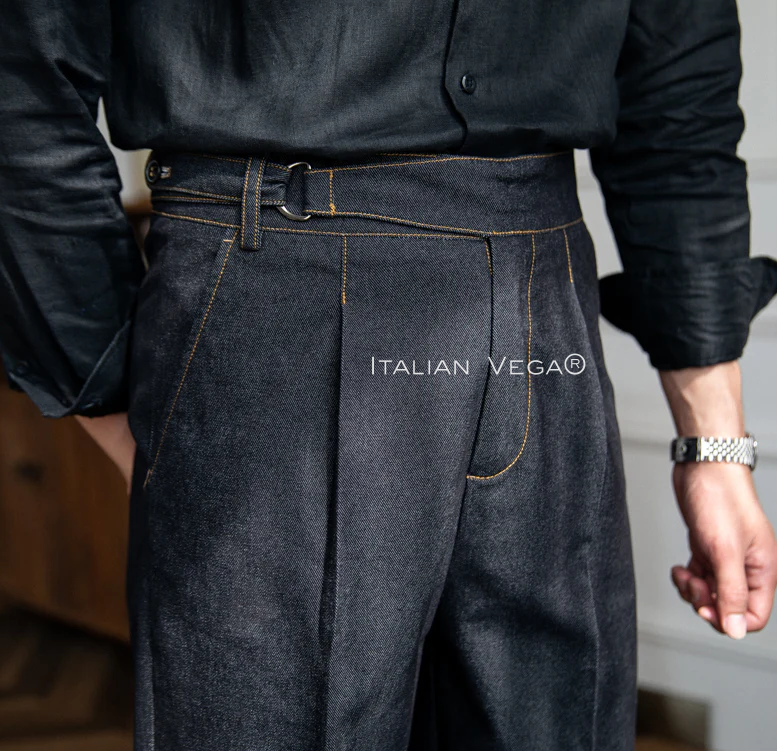 Old Money Navy Stripe Shirt with Space Blue Veteran Denim Gurkha Pant by ITALIAN VEGA®