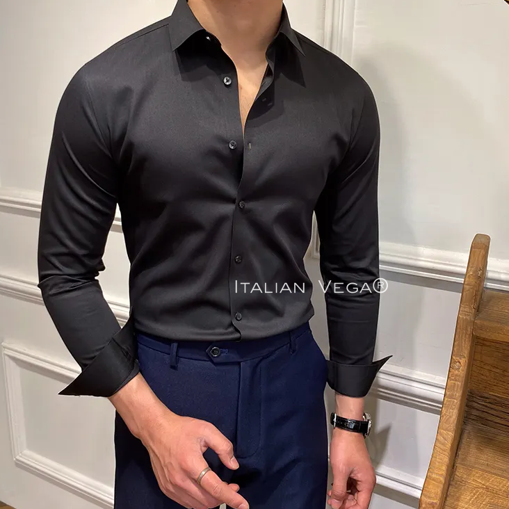 Italian Premium Black Satin Cotton Shirt