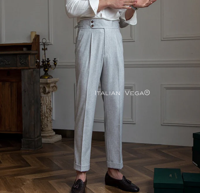 Old Money White Shirt with Ash Grey Signature Buttoned Gurkha Pant by ITALIAN VEGA®