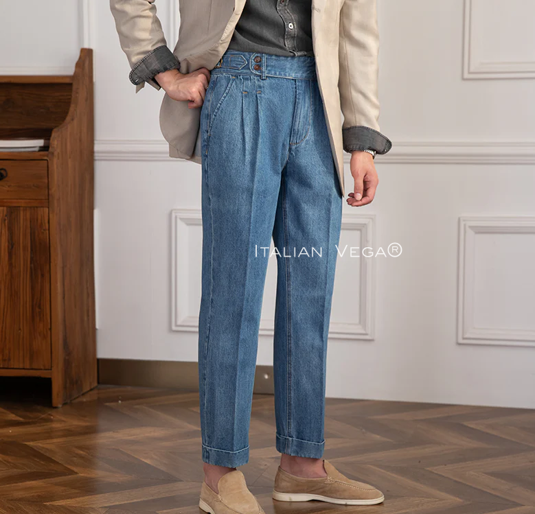 Old Money White Shirt with Sky Blue Denim Signature Buttoned Gurkha Pant by ITALIAN VEGA®