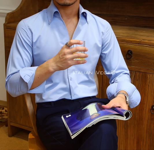 Old Money Powder Blue Shirt with Navy Stripe Signature Buttoned Gurkha Pant by ITALIAN VEGA®