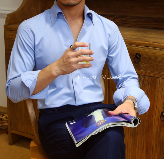 Old Money Powder Blue Shirt with Navy Blue Signature Buttoned Gurkha Pant by ITALIAN VEGA®