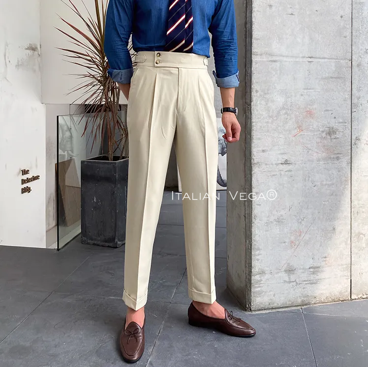 Old Money Classic Stripe Shirt with Beige Signature Buttoned Gurkha Pant by ITALIAN VEGA®