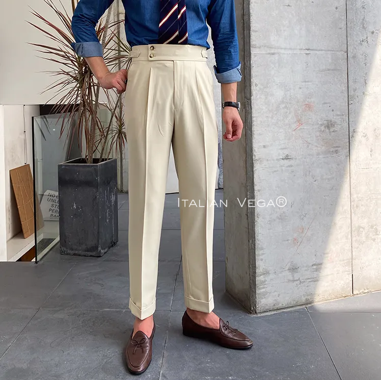 Old Money Grey Stripe Shirt with Beige Signature Buttoned Gurkha Pant by ITALIAN VEGA®