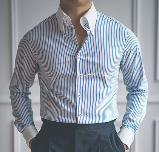 Old Money Classic Stripe Shirt with Black Signature Buttoned Gurkha Pant by ITALIAN VEGA®