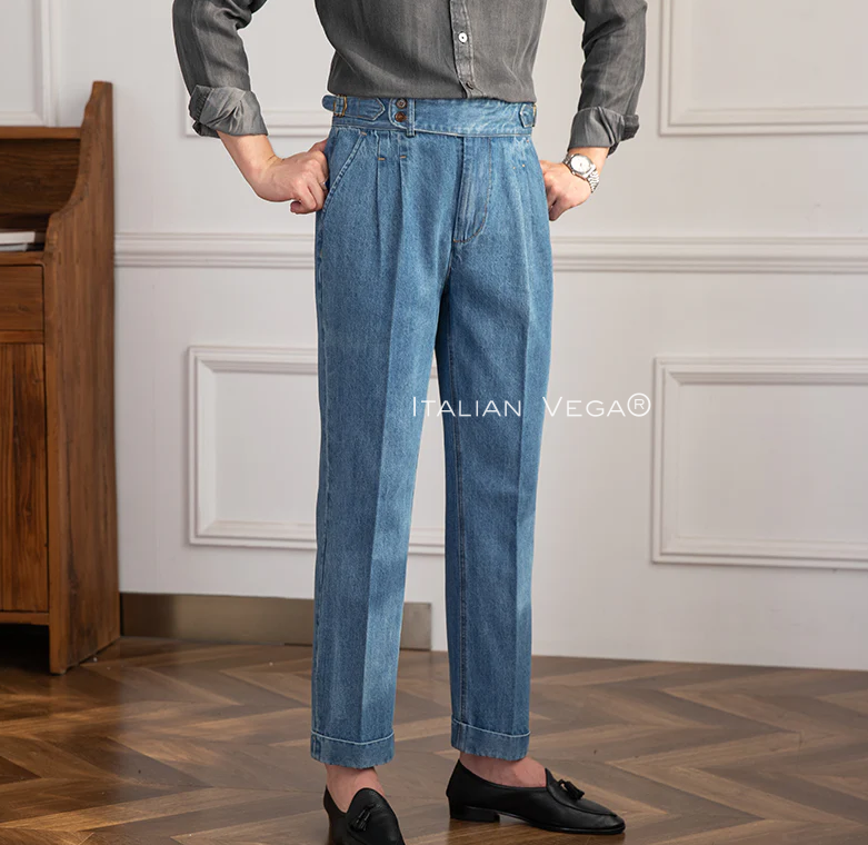 Old Money Navy Stripe Shirt with Sky Blue Denim Signature Buttoned Gurkha Pant by ITALIAN VEGA®