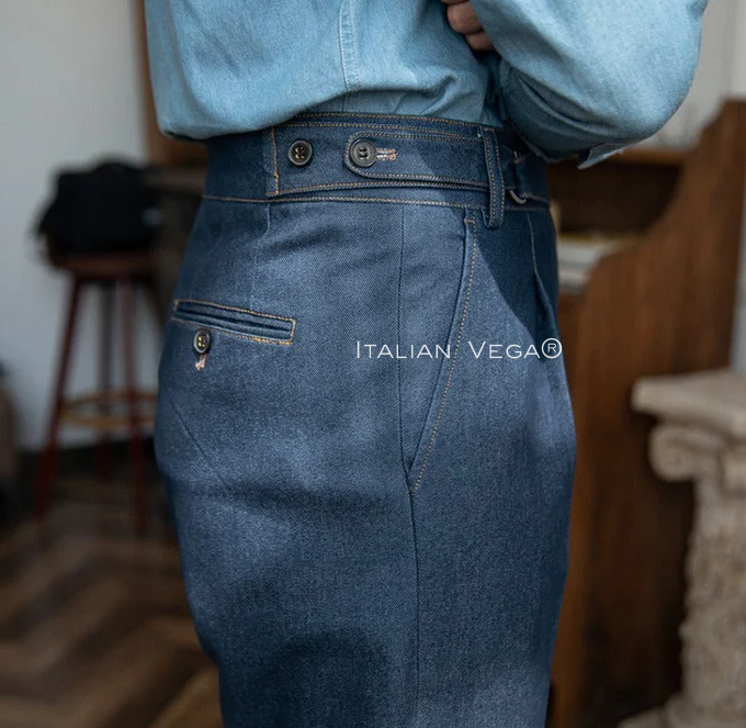 Old Money Crepe Stripe Shirt with Blue Veteran Denim Gurkha Pant by ITALIAN VEGA®