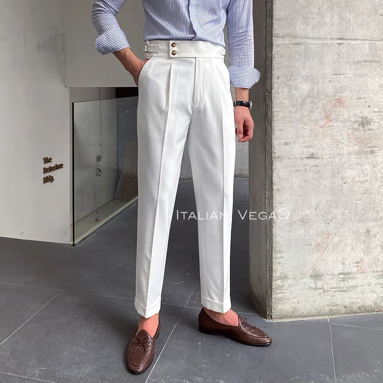 Old Money Grey Stripe Shirt with White Signature Buttoned Gurkha Pant by ITALIAN VEGA®