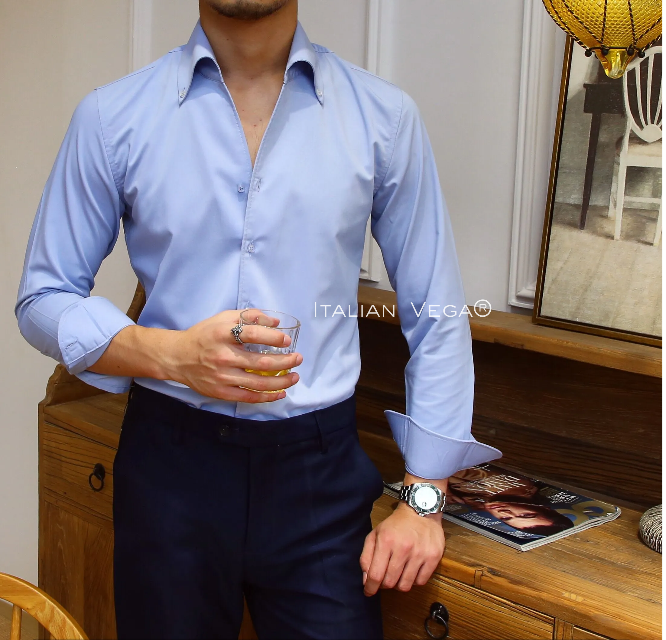 Old Money Powder Blue Shirt with Dark Blue Denim Signature Buttoned Gurkha Pant by ITALIAN VEGA®