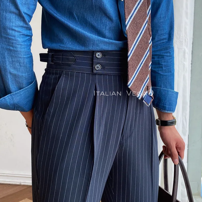 Old Money Classic Stripe Shirt with Navy Stripe Signature Buttoned Gurkha Pant by ITALIAN VEGA®