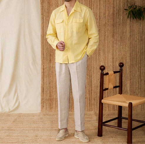 Italian Vega Open Spread Collar 100% Linen Safari Shirt