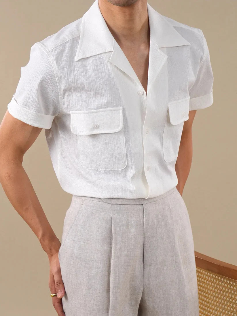 Italian Vega - Cuban Collar Short Sleeves Crimpled Linen