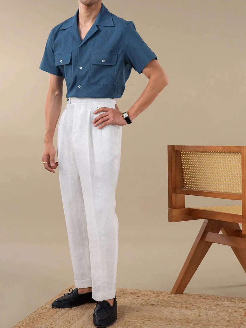 Italian Vega - Cuban Collar Short Sleeves Crimpled Linen