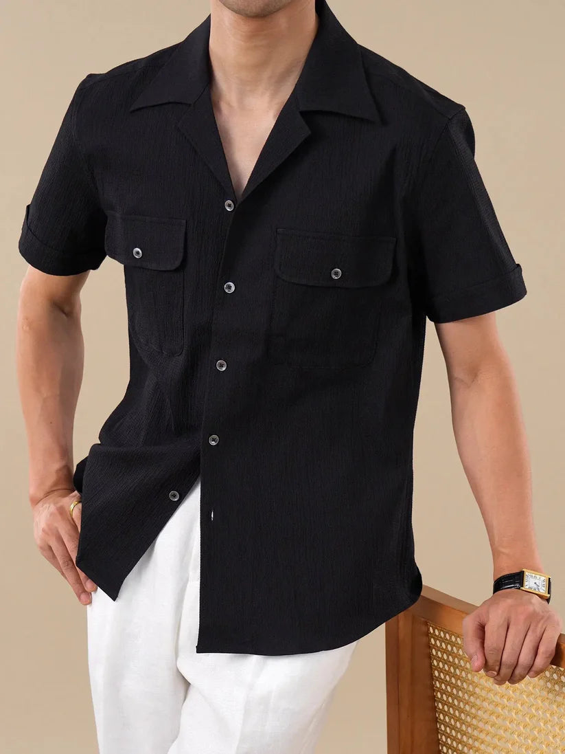Italian Vega - Cuban Collar Short Sleeves Crimpled Linen