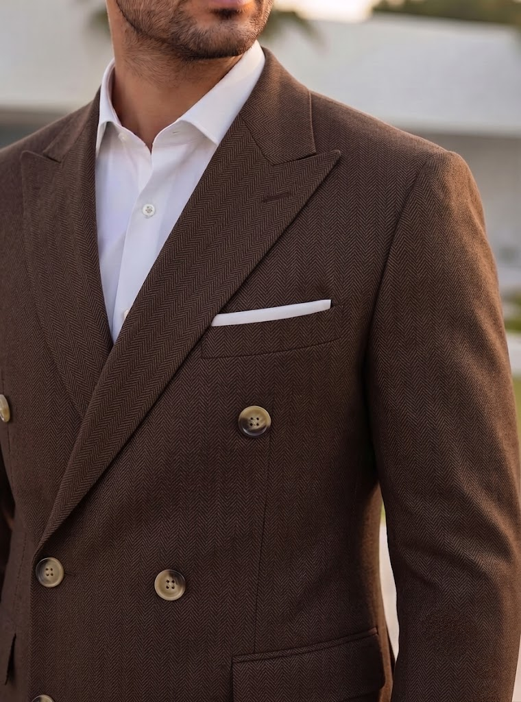 Brown Herringbone Double Breasted Blazer by Italian Vega®