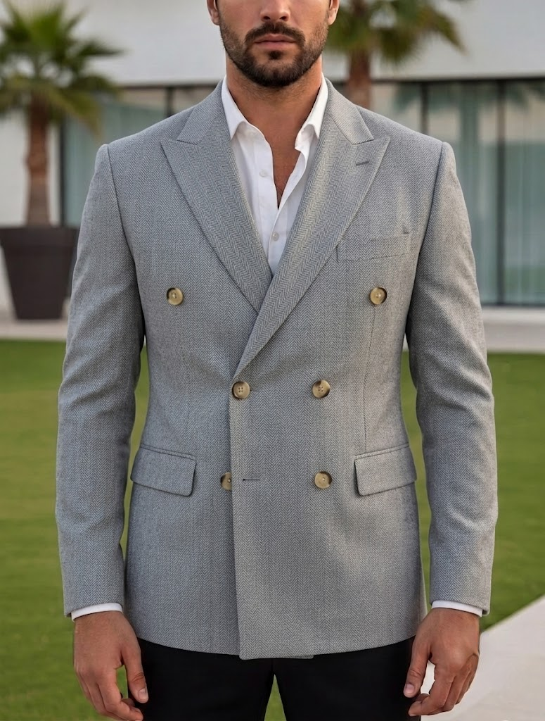 Light Grey Herringbone Double Breasted Blazer by Italian Vega®
