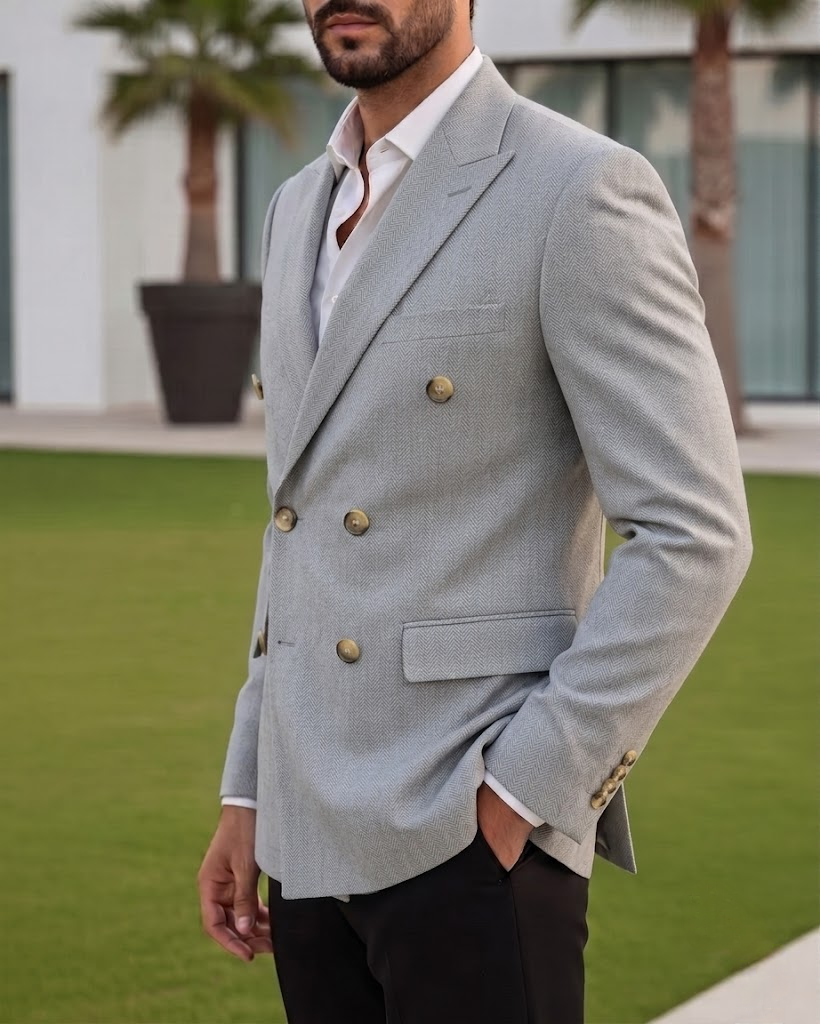 Light Grey Herringbone Double Breasted Blazer by Italian Vega®