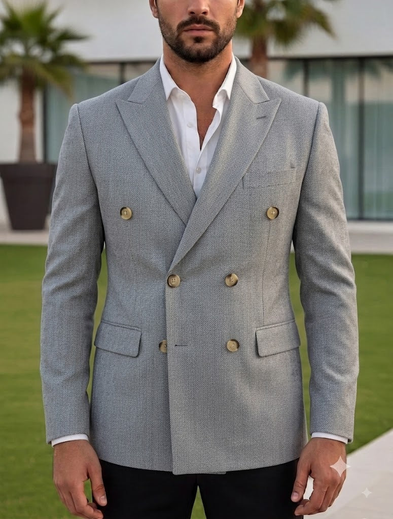 Light Grey Herringbone Double Breasted Blazer by Italian Vega®