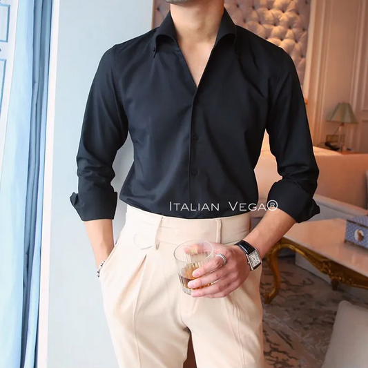 Old Money Black Shirt with Elephant Grey Signature Buttoned Gurkha Pant by ITALIAN VEGA®