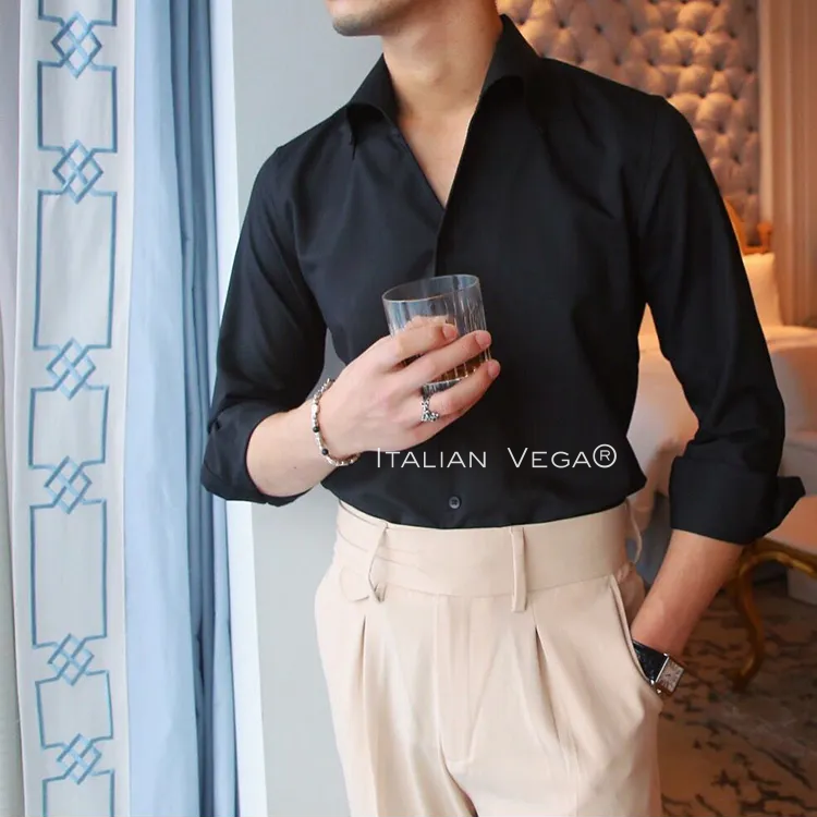 Old Money Black Shirt with Elephant Grey Signature Buttoned Gurkha Pant by ITALIAN VEGA®