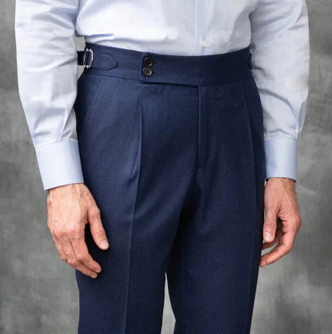 Old Money Grey Stripe Shirt with Navy Blue Signature Buttoned Gurkha Pant by ITALIAN VEGA®