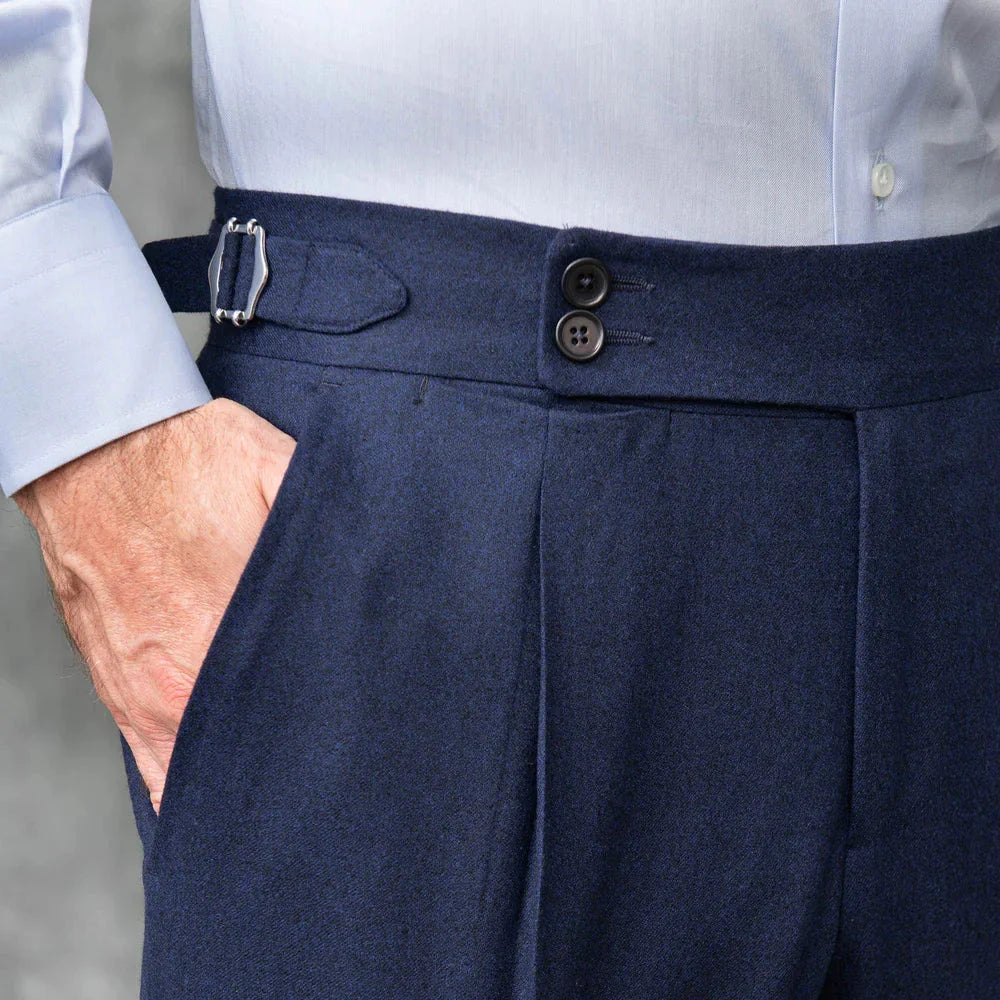 Old Money Crepe Shirt with Navy Blue Signature Buttoned Gurkha Pant by ITALIAN VEGA®