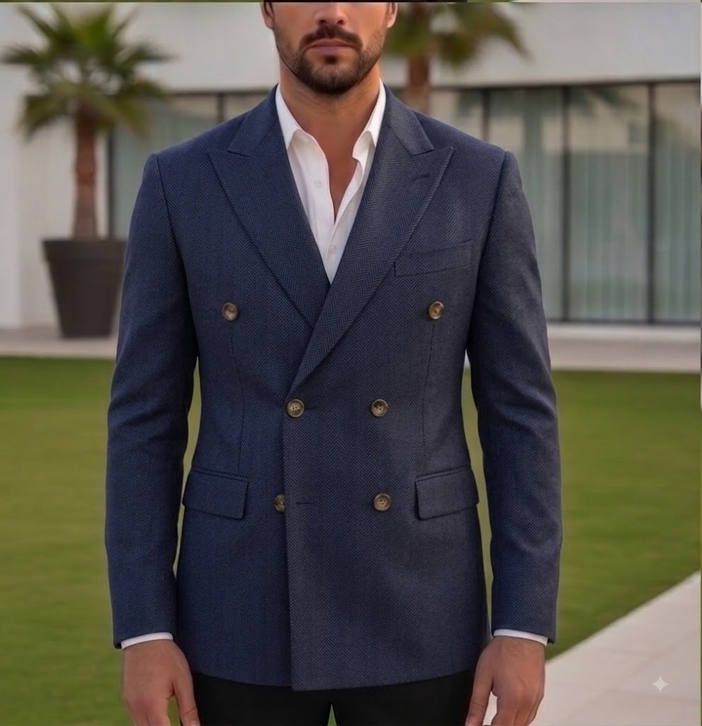 Navy Herringbone Double Breasted Blazer by Italian Vega®