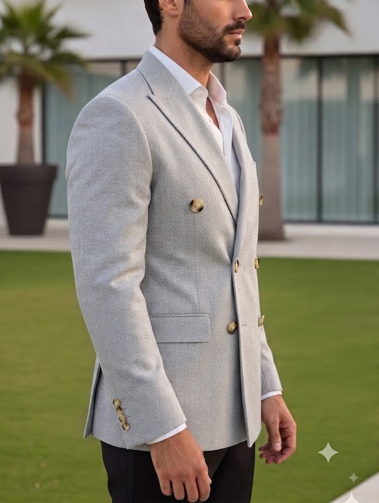 Light Grey Herringbone Double Breasted Blazer by Italian Vega®