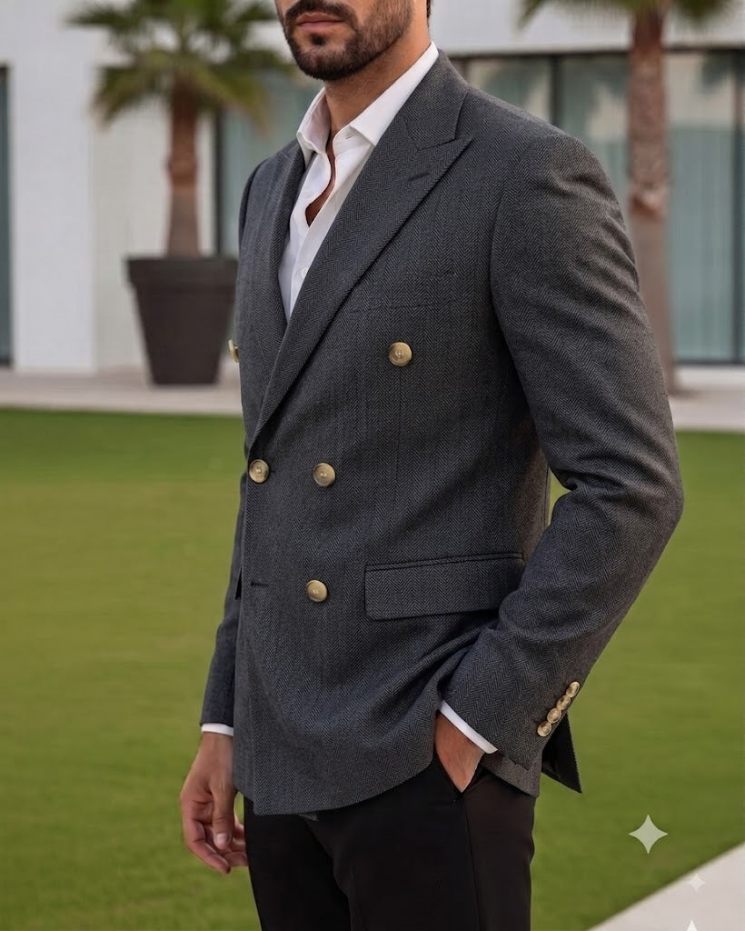Grey Herringbone Double Breasted Blazer by Italian Vega®