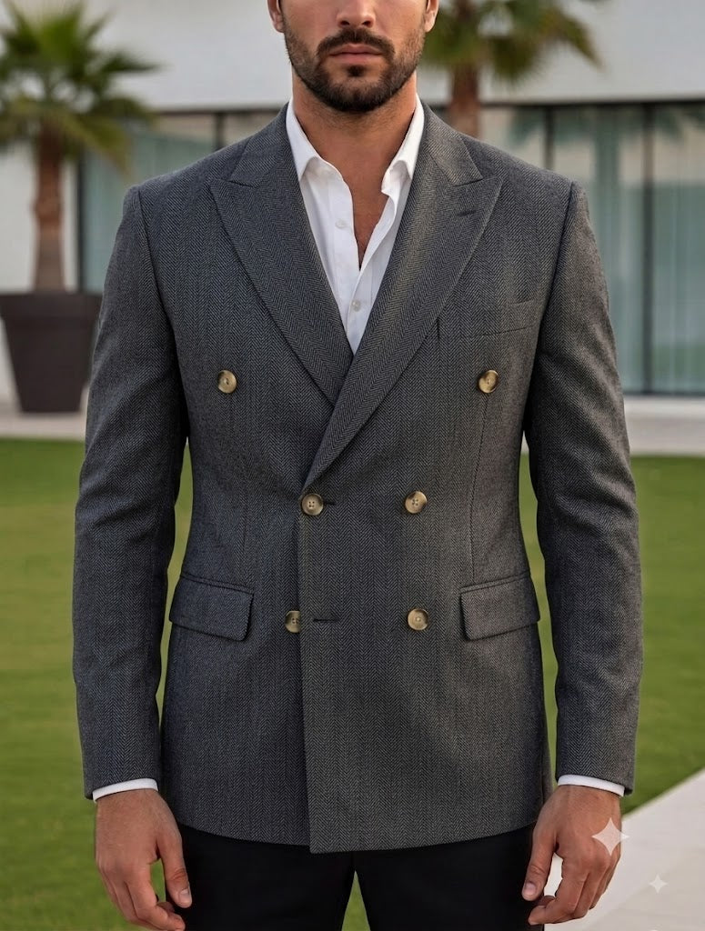 Grey Herringbone Double Breasted Blazer by Italian Vega®